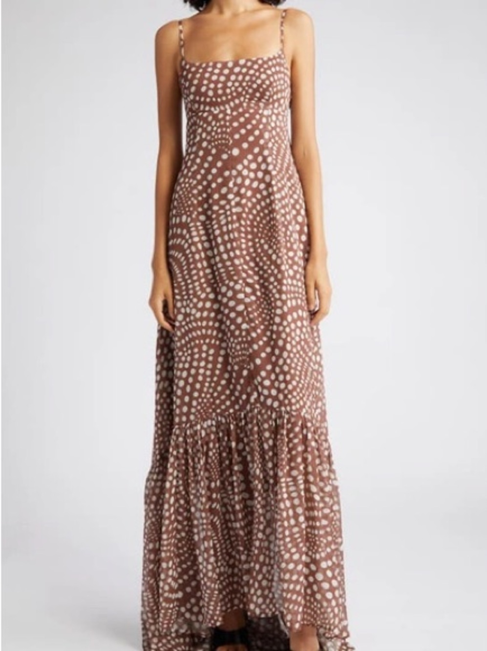 STAUD Brown and Cream Polka Dot Maxi Dress with Spaghetti Straps - Picture 1 of 1